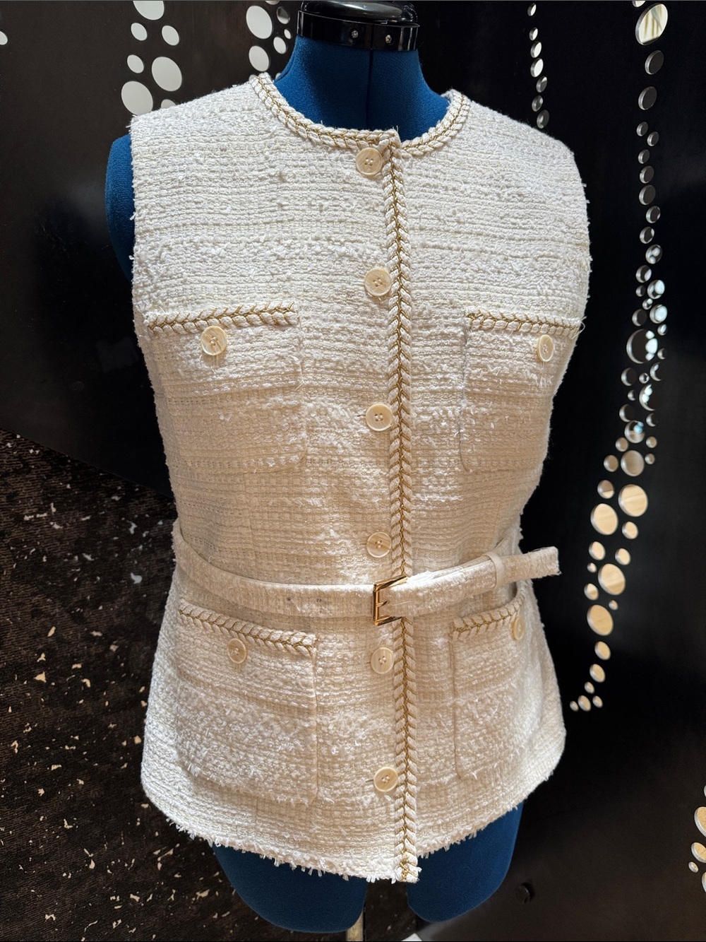 Ann Taylor Cream Tweed Belted Sleeveless Jacket